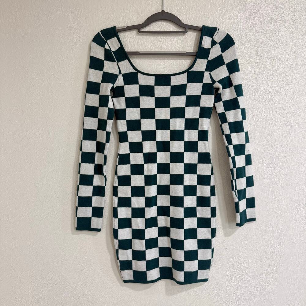 Princess Polly Lucien Green White Checker Knit Mini Dress Long Sleeve Size XS/S - Picture 3 of 4